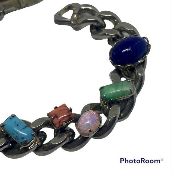 Vintage Heavy Chain Bracelet With Multi Color Gemstones - Picture 3 of 3